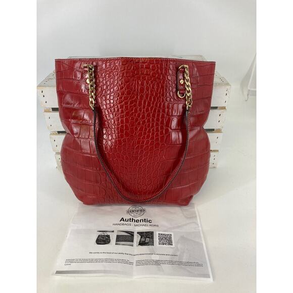 Michael Kors Handbags - MICHEAL KORS, LARGE RED LEATHER ANIMAL PRINT SHOULDER BAG